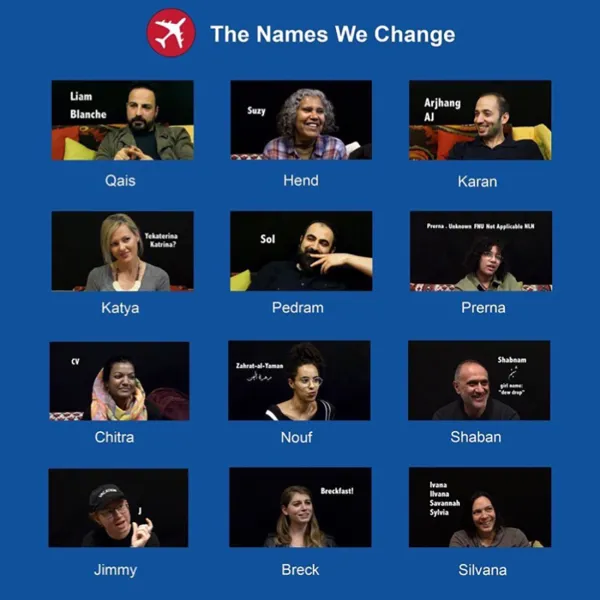 Katayoun Amjadi, The Names We Change: Transit-Air (video still), 2020, repurposed airplane seats, iPads, HD video interviews, Namezines The video's home screen is a 3x4 grid of photos with names under them.
