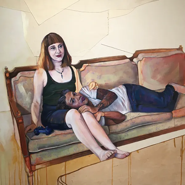 Steni and Matthew 2017, oil, pastel, acrylic and collaged canvas on panel, 48 x 60"