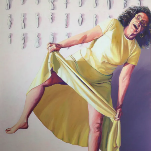 Baubo, 2017. Oil on board, 67.5 x 49.25". Oil on board, 67.5 x 49.25". A woman dancing? (doing sort of a sideways curtsy). The wall in the background has three-dimensional figures on it.