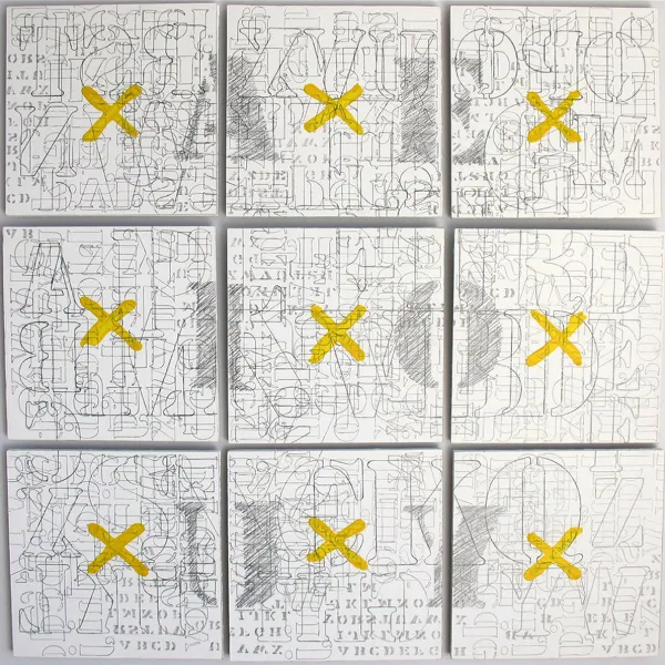 Loretta Bebeau "Consonant Mess," graphite on sheetrock, 36” x 36"