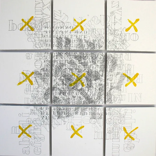 Loretta Bebeau "Consonant Mess," graphite on sheetrock, 36” x 36"