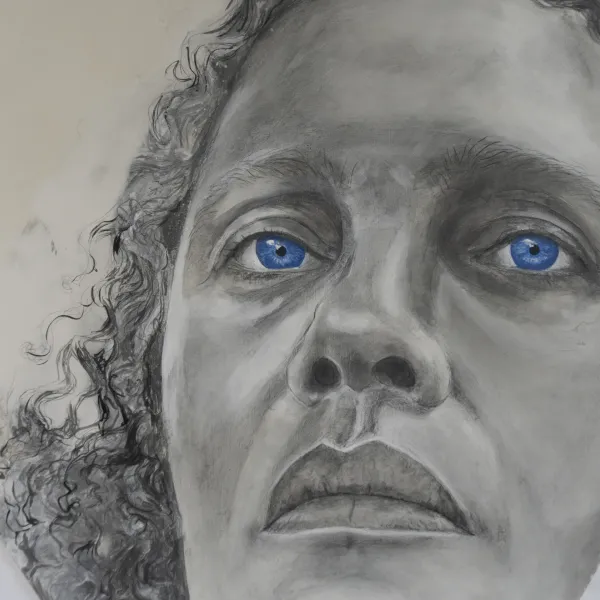 × Hend al-Mansour, "The Bluest Eye: Self-Portrait with Blue Eyes," gesso, gouache and gold leaf on construction paper, 22” x 26” x 1.5” A Black woman with blue eyes.
