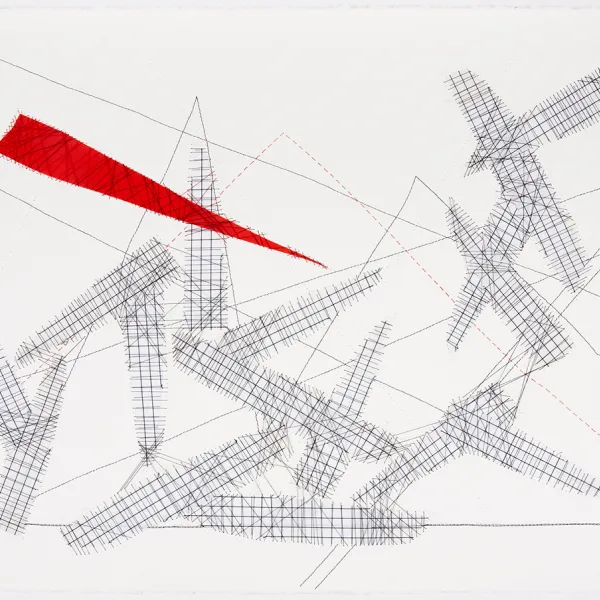 Rachel Breen "The Only Effective Response to Organized Greed is Organized Labor," fabric scraps & thread on paper, 22” x 30”