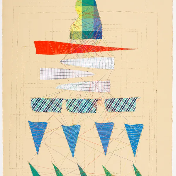 Rachel Breen "When Corporate Brands Crumble (Imagine)," fabric scraps & thread on paper, 30” x 22”