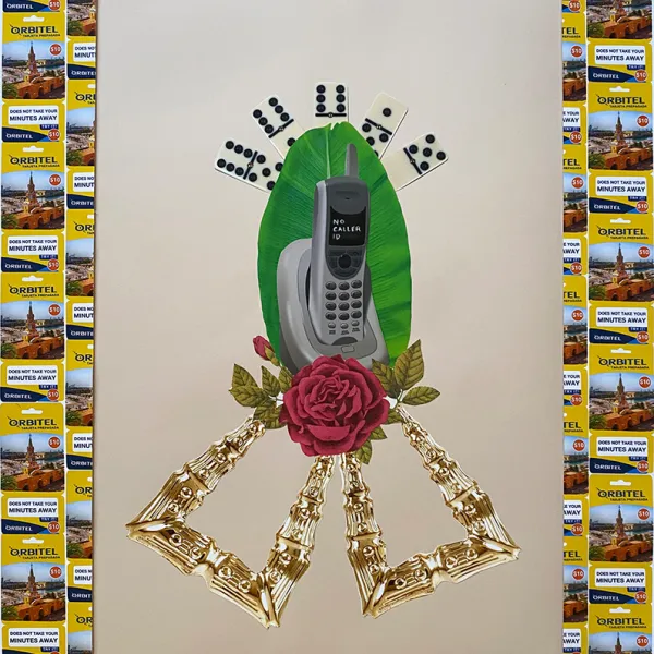 A home phone in front of a large green leaf. Above it are five dominos arranged like a crown. Below it is a rose with gold leaves and a large gold bow. The entire work is framed with prepaid phone cards. 