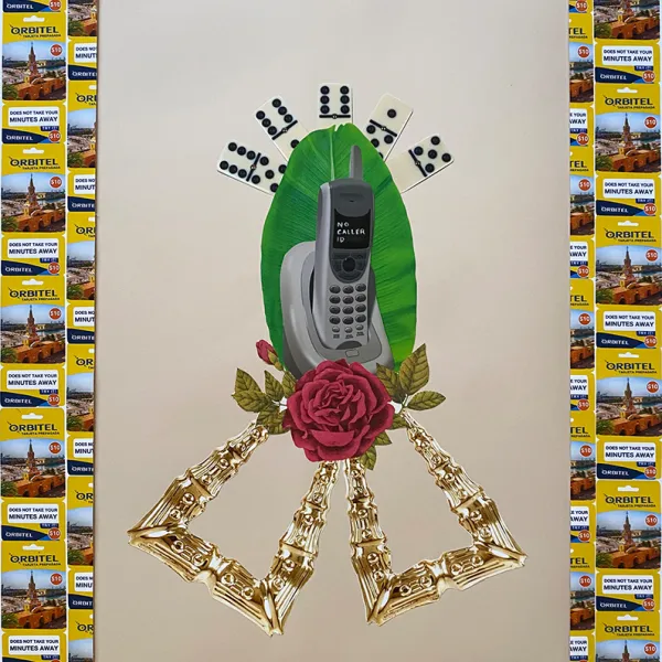 Paola de la Calle, "Calling Cards," mixed media collage, acrylic paint, 22" x 15" A home phone in front of a large green leaf. Above it are five dominos arranged like a crown. Below it is a rose with gold leaves and a large gold bow. The entire work is framed with prepaid phone cards.
