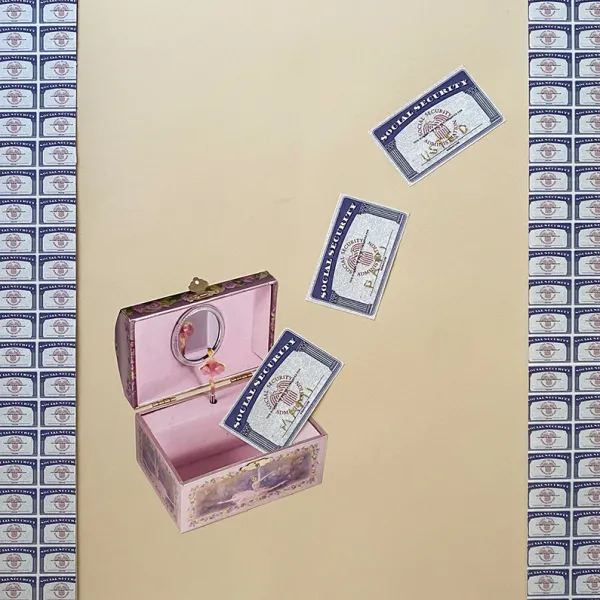 Paola de la Calle, "Te Doy Mis Papeles (I’ll Give You My Papers )," mixed media collage, gold thread, 22" x 15" An open jewelry box with three Social Security cards falling into or flying out of it, one for MAMI, one for PAPI, and one for USTED. The entire work is framed with Social Security cards.