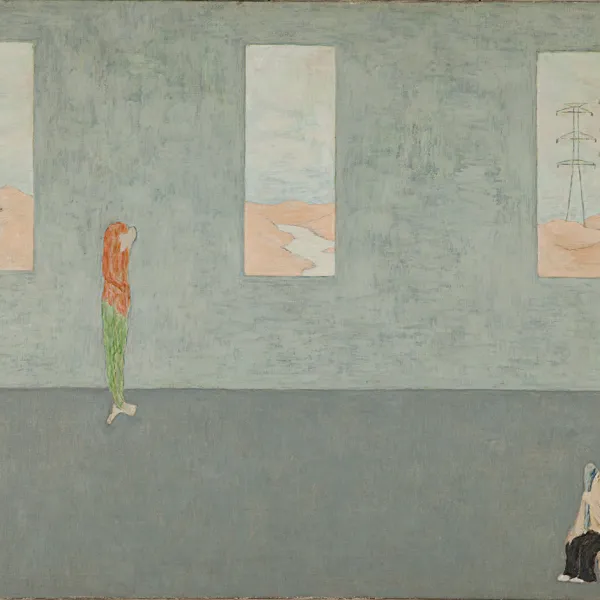 Three Windows and Two Men on Ward 1988, oil on canvas, 23 x 31", Courtesy of the Estate of David Byrd