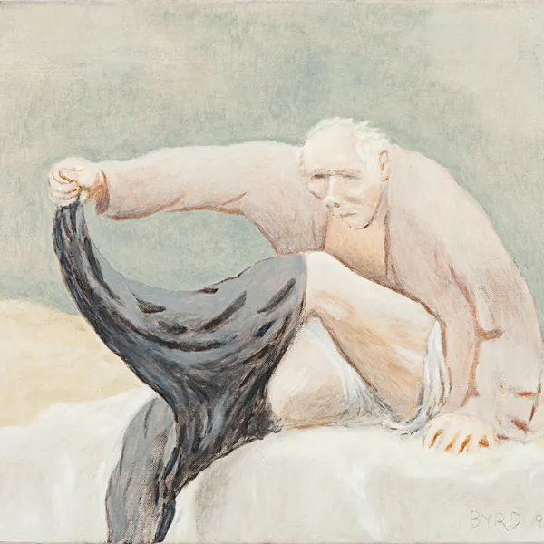 Man Taking off Pants 1990, oil on canvas, 12 x 14", Courtesy of the Estate of David Byrd and Zieher