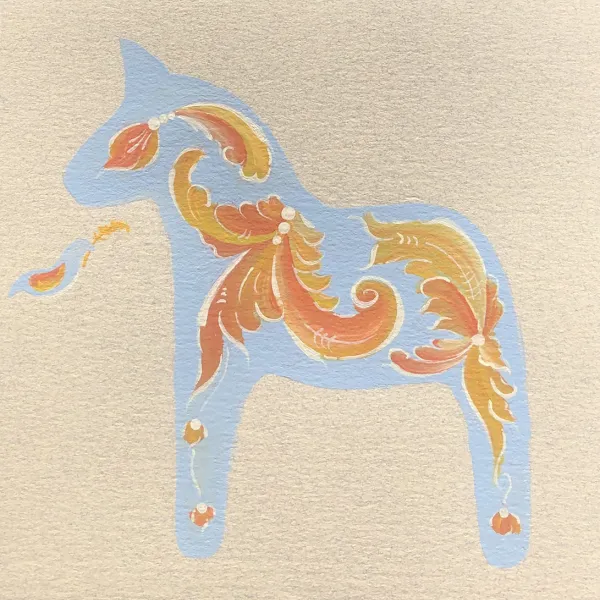 Natalie Vestin, "A little bird corrects the error," acrylic on paper, 6”x 6” Side view of a stylized pale blue horse with red and orange swirls. There's a pale blue bird in front of it with red and orange swirls for wings.