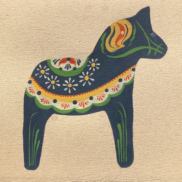 Side view of a stylized black horse with a red and orange swirl for a mane. It has a flowered blanket on its back. The bridle is green and there are green lines up its legs.