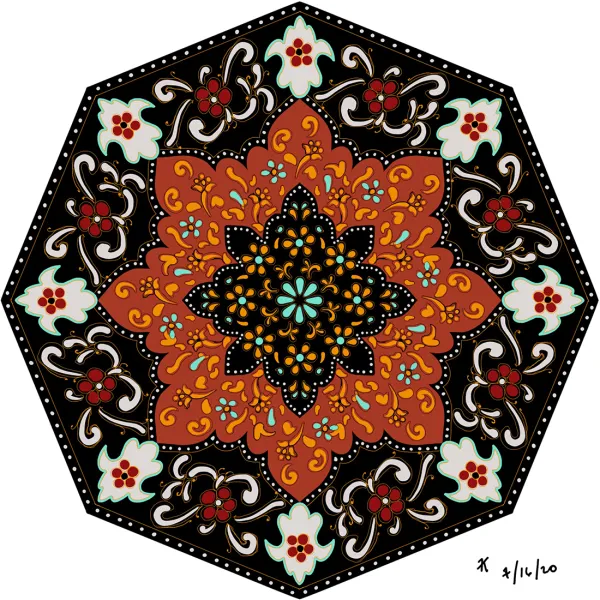 Black octagon with a white and red floral pattern around the edge. In the center is a red snowflake shape patterned with orange and light blue. Inside that is a black snowflake shape patterned with light blue and orange flowers.