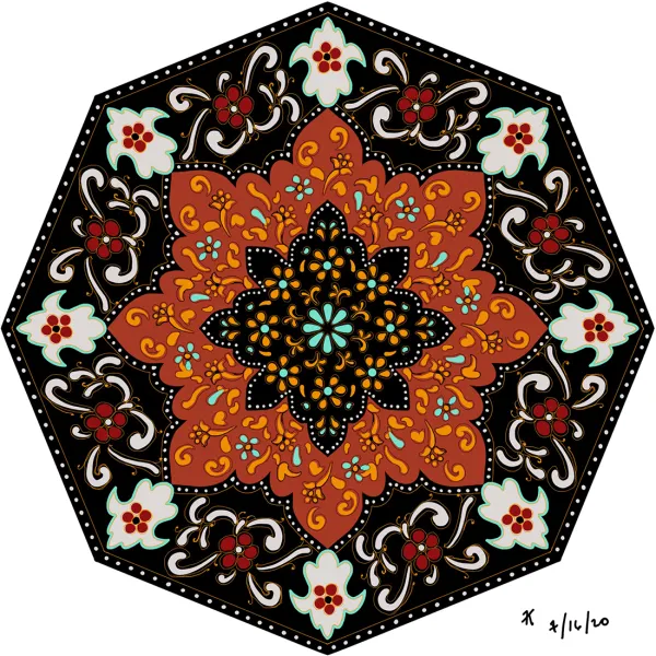 × Fawzia Khan, "Day 16," digital drawing, 6” x 6” Black octagon with a white and red floral pattern around the edge. In the center is a red snowflake shape patterned with orange and light blue. Inside that is a black snowflake shape patterned with light blue and orange flowers.