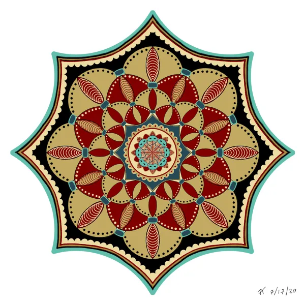 Octagonal shape where each edge arcs in toward the center. Its center is a symmetric pattern based on arcs in dark red, tan, black, and aqua.