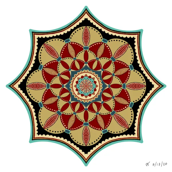 Fawzia Khan, "Day 17," digital drawing, 6” x 6” Octagonal shape where each edge arcs in toward the center. Its center is a symmetric pattern based on arcs in dark red, tan, black, and aqua.