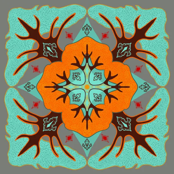 Fawzia Khan, "Day 25," digital drawing, 6” x 6” A square symmetric geometric pattern in aqua, orange, and brown. The brown patterns are sort of bug-like.