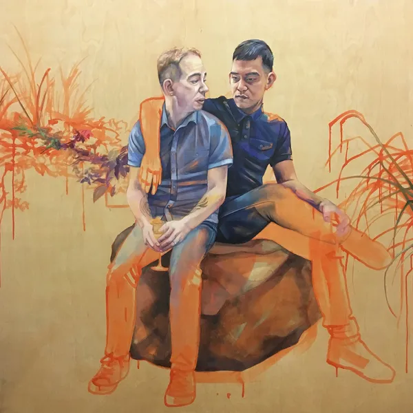 Derek and James 2017, oil, pastel and acrylic on panel, 48 x 48"