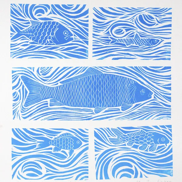 Blue Fishes, Make Some Wishes, 2017 | linocut print, 28 x 24”, Contact gallery for sale information.