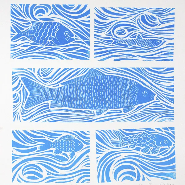 MaryJane F. Eischen Blue Fishes, Make Some Wishes, 2017 | linocut print, 28 x 24”, Contact gallery for sale information.