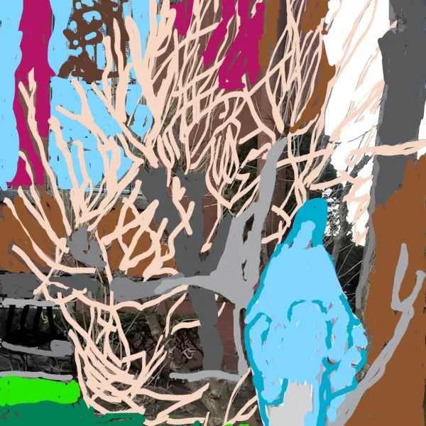 GOODW.Y.N., "For Prayers’ Sake," digital painting, 4” x 3” Abstract. A blue Madonna and a tree and a violet building with blue windows in the background.