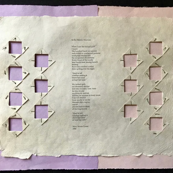 A piece of lavender paper on the left and a piece of pink paper on the right. A white piece of paper is centered over them with a poem in the middle (titled "In the History Museum") and seven squares cut out on either side, so that the lavender and pink show through.