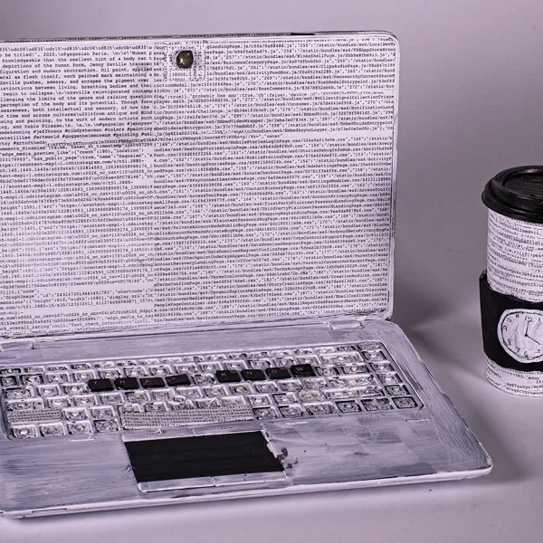 "they know," acrylic, tape, hot glue, printer paper on laptop & coffee cup, (laptop), 30 oz coffee cup, 13.3” x 9.3” x 0.80”