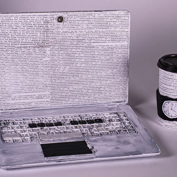 Casey Grengs "they know," acrylic, tape, hot glue, printer paper on laptop & coffee cup, (laptop), 30 oz coffee cup, 13.3” x 9.3” x 0.80”