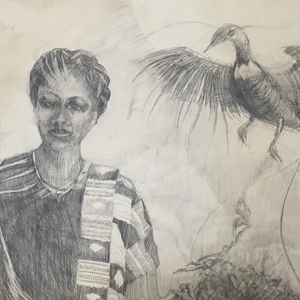 Dr.Grace Hampton "Phoenix Rising II - Leaving the Past Behind," graphite on paper, 29.5" x 39.5"