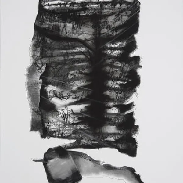 × Annie Irene Hejny - "Murmurs," charcoal and graphite on paper, 70" x 50" Looks like a cylinder wrapped with strips of paper with writing on it. The cylinder has an open mouth at the top.