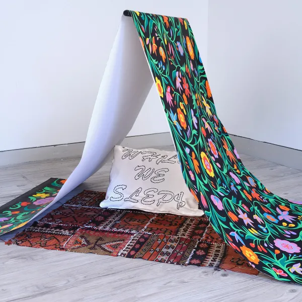 Helen Zughaib "HomeLoss," acrylic gouache on canvas, Persian rug, fabric pillow, embroidery, children's shoes, canvas shoes, 36"x72"