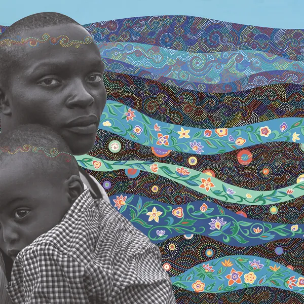 Helen Zughaib "Portrait of Resilience," photography collage and gouache on board, 30"x40"