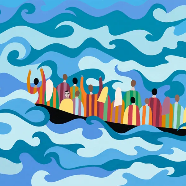 Helen Zughaib "Syrian Migration #24" (old boat), gouache on board, 12"x18"