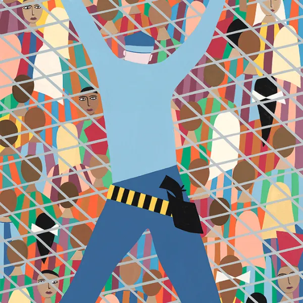 Helen Zughaib "Syrian Migration" (one soldier), gouache on board, 18"x12"