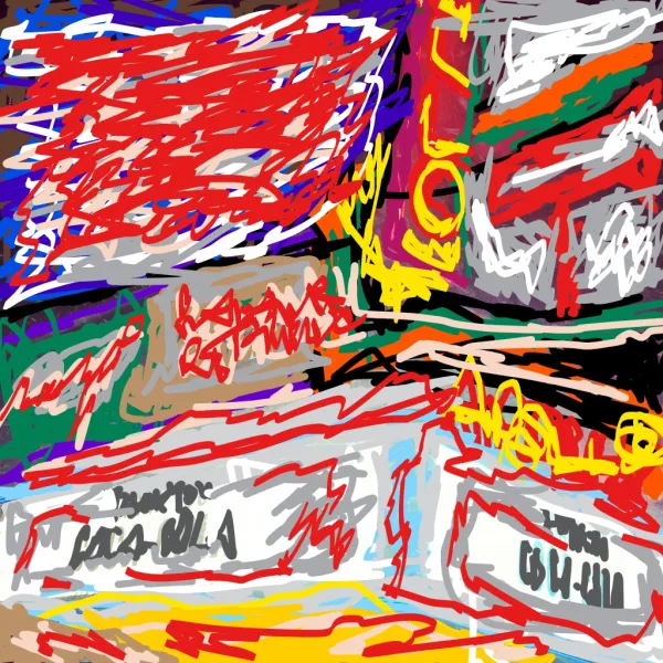 GOODW.Y.N., "Hello Apollo," digital painting, 3” x 3” Abstract in bright colors of the Apollo Theater in Harlem.