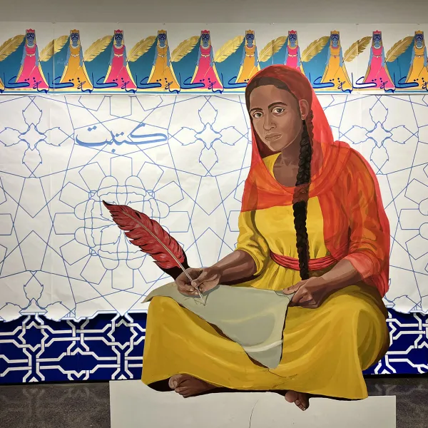 Hend al Mansour "The Scribe," installation, screen-printing, painting