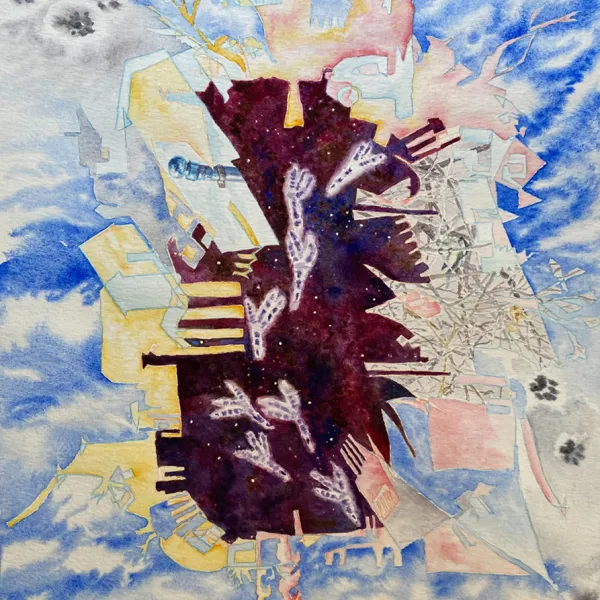 Emily C. K. Hoisington "Neighborhood, February 2021," watercolor & colored pencil, 20” x 15”