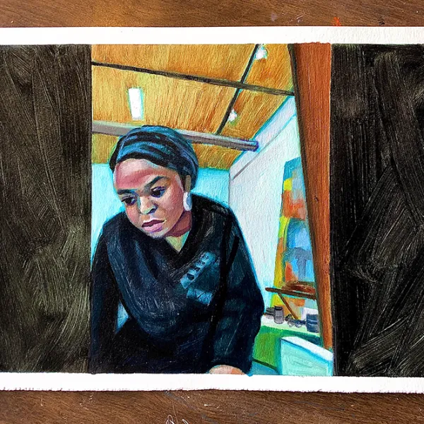 Leslie Barlow, "Portraits During a Pandemic," oil on paper, 9" x 15" A woman wearing a turban at work, standing. There's a painting in the background.