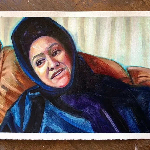 Leslie Barlow, "Portraits During a Pandemic," oil on paper, 9" x 15" A woman half sitting, half lying on a couch.