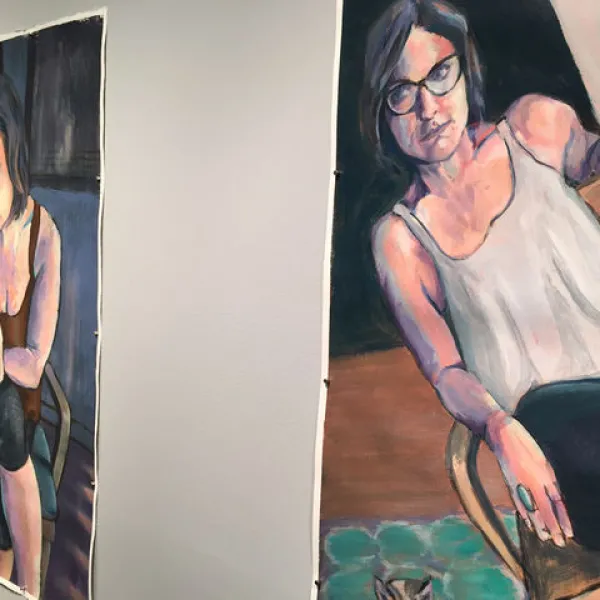 Untitled acrylic on paper paintings (detail), 44 x 28" (left), 44 x 31.5" (right)