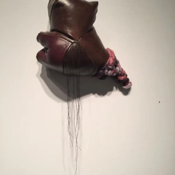 Marjorie Fedyszyn, Teaching Assistant Bound Leather III, leather, nylon, thread & wool yarn, 30 x 8 x 14"