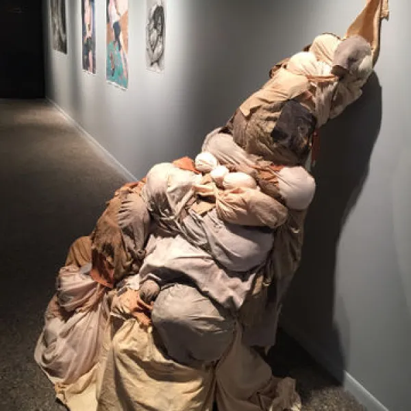 Bound, found fabric, natural dyes, thread & ink, 71 x 52 x 40"