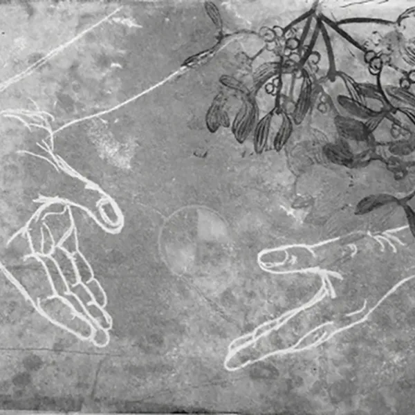 × Elizabeth Sunita Jacobson - "Whispers," monoprint, 24" x 30" Patchy gray background with someone's forearms and hands outlined in white. The hands look as if they're holding a bowl, or as if they'd form a heart if they were touching. There are branches with leaves and berries drawn/painted in black.