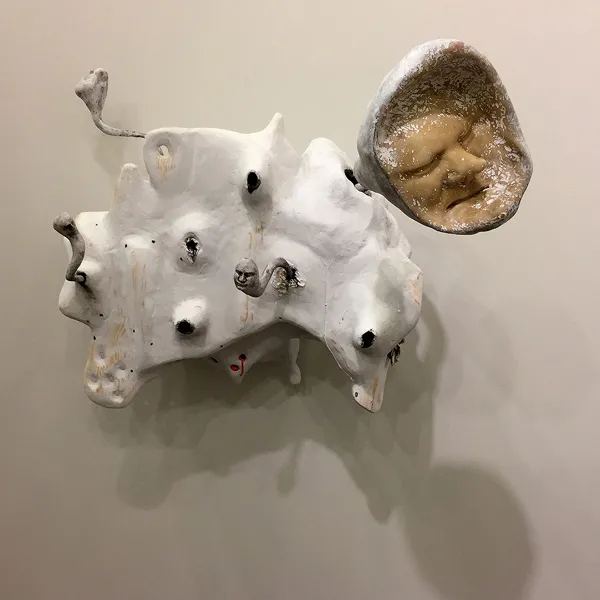 Jeremy Jones "Slippage of the Somnambulist," pine, welded steel, fiberglass, polyester resin, paint, plaster & bondo, 3’ H x 3’ W x 3’ D