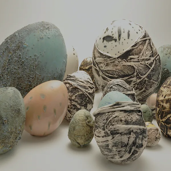 Mika Negishi Laidlaw, Influence, 2019, slip cast porcelain, 12 x 27 x 22” Sixteen speckled eggs of various sizes, some fully covered by gray-white material, some completely or partially uncovered. Of the partially or completely uncovered eggs, some are light blue, some are white, some are peach-colored.