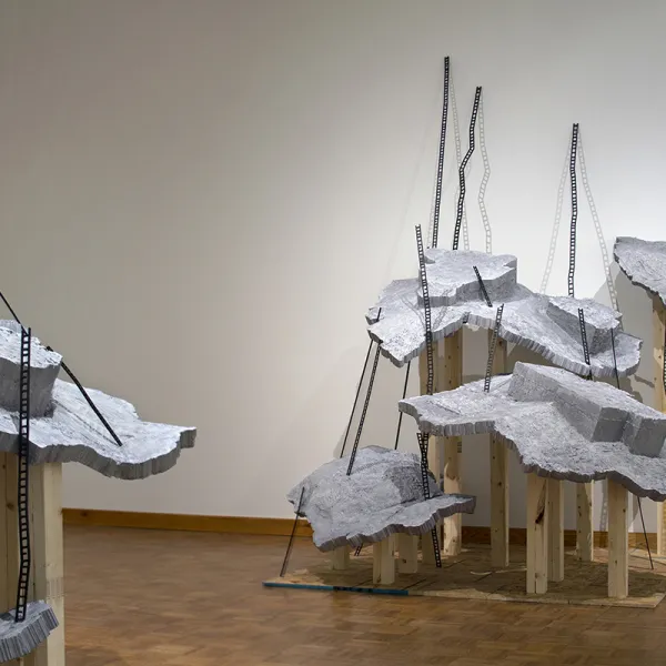 Steven Lemke "Deconstructed Paradise," wood, concrete patch, polystyrene, house paint & ink, dimensions variable