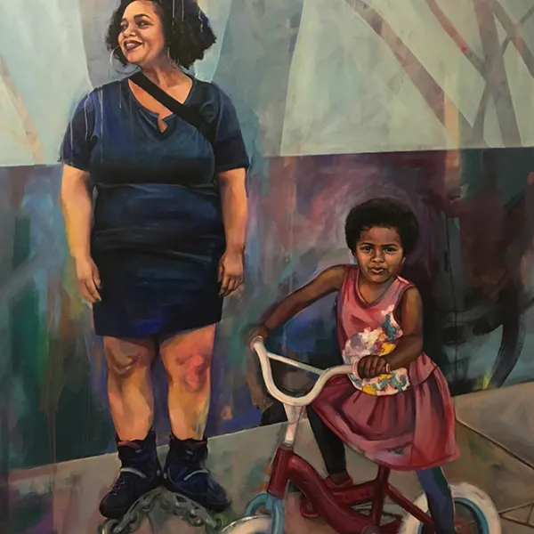 Mari and Maela 2017, oil, pastel and acrylic on panel, 72 x 48”