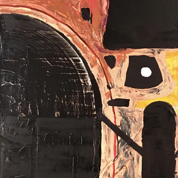 MollieRae Miller "Places I Could Rather Be: Elevators," acrylic, cotton & newsprint on canvas, 36" x 24"