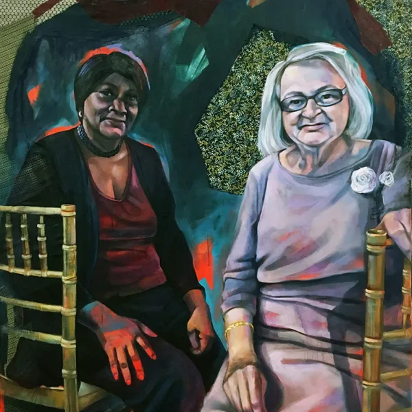 Nigel's Wedding 2017, oil, pastel, acrylic and collaged sewn fabric on canvas, 78 x 60”