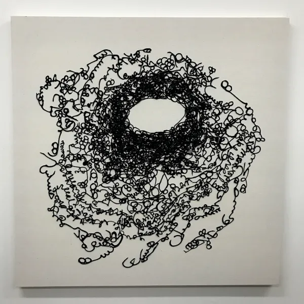 Nina Ghanbarzadeh "I don't know what to think anymore," dried acrylic paint, thread on raw cotton canvas,40"x40"