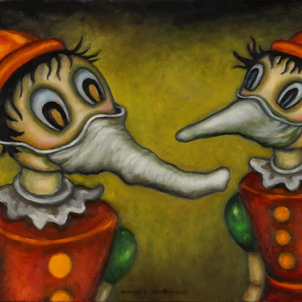 Nancy Robinson, "Pandemic Pinocchios," oil on canvas, 18” x 24” Two Pinocchios with masks on over their long noses.
